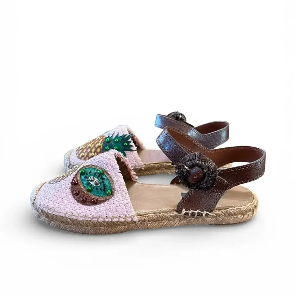 Dolce & Gabbana Pineapple Kiwi Patch Raffia Espadrille Sandals EU 39 US 9
